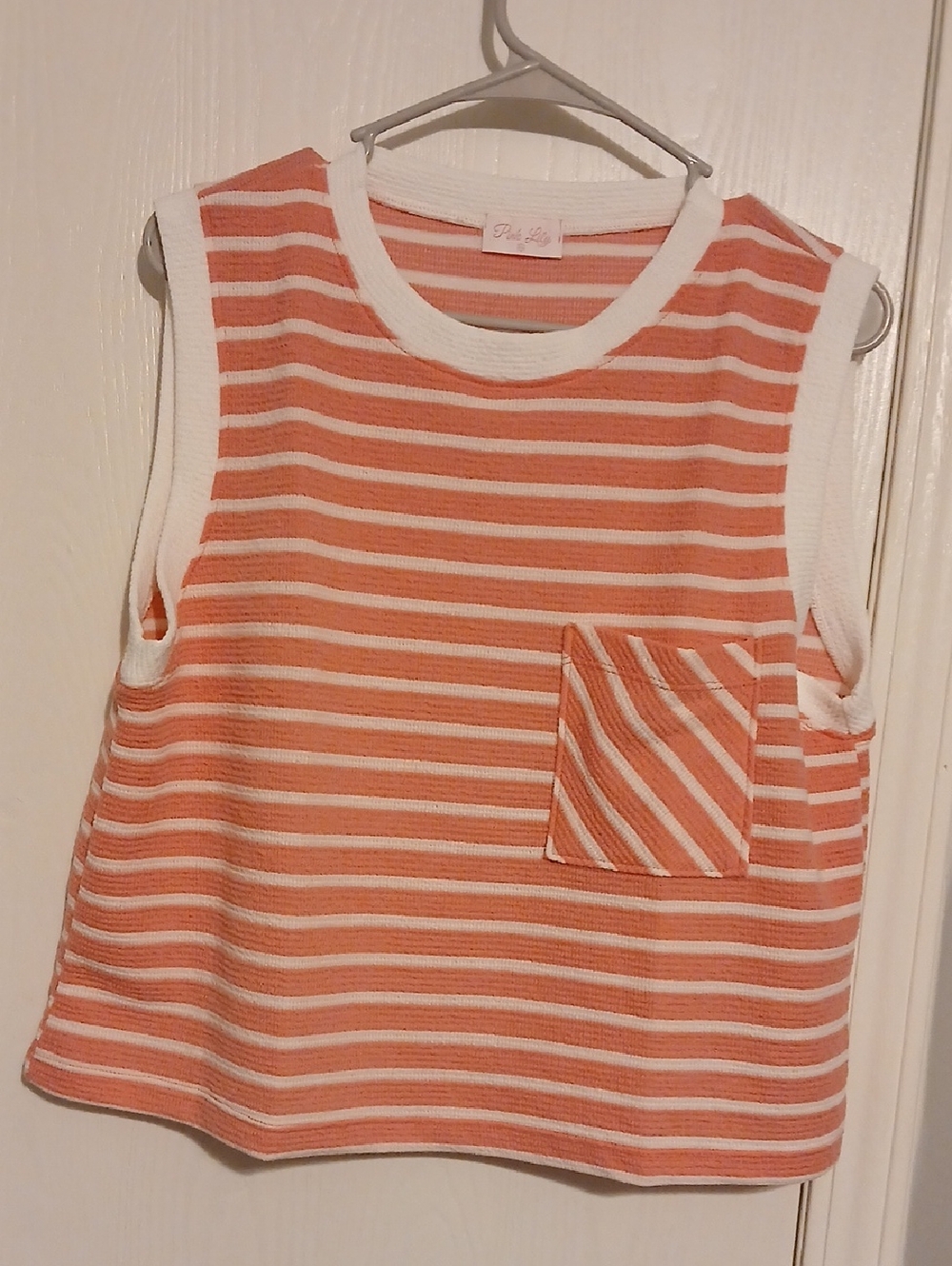 Pink Lily Coral and White Striped Pocket Tank Top